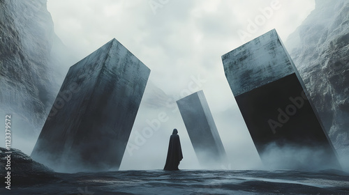 A mysterious cloaked figure amidst towering floating geometric monoliths in a foggy valley. photo