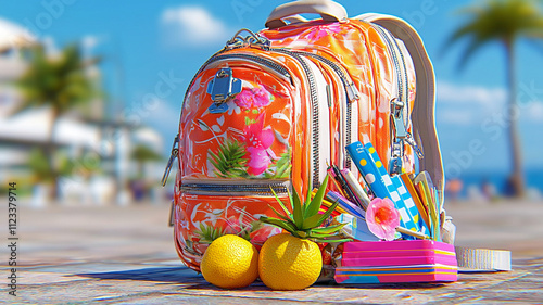 vibrant backpack filled with colorful school supplies and fresh fruits, set against sunny beach backdrop, evokes cheerful and lively atmosphere