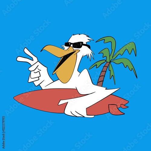 person on the beac Cool Cartoon Pelican with Surfboard and Palm Tree Vector