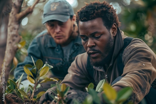 Two individuals engaged in planting trees, promoting environmental sustainability. photo