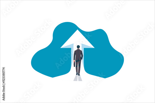 Business success to next level concept. Businessman standing in front of arrow symbol illustration.