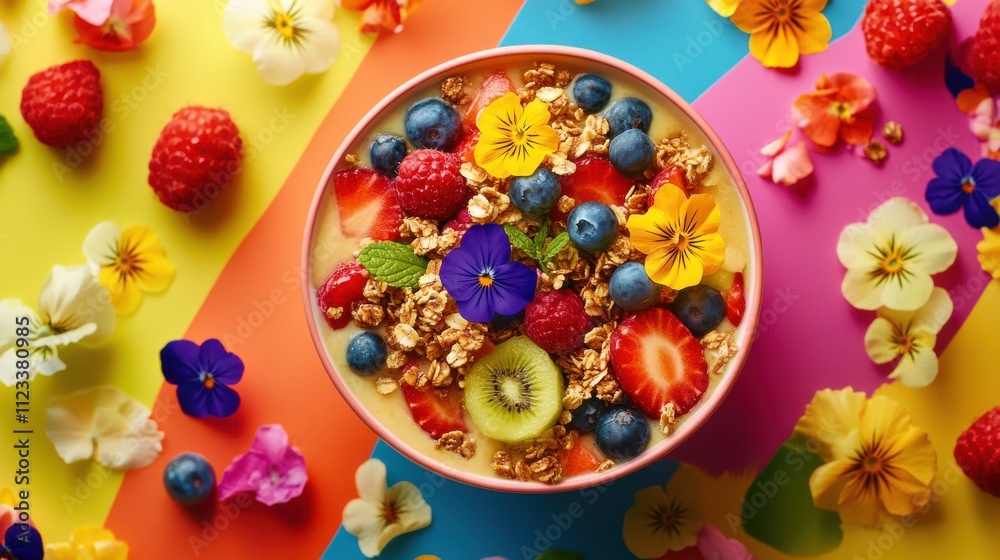 Fototapeta premium Colorful Fruit Bowl with Granola and Edible Flowers on Bright Background