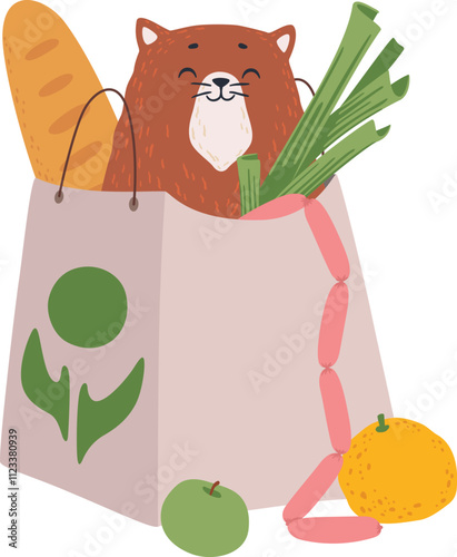 Adorable cartoon cat carrying a reusable shopping bag filled with fresh groceries, promoting eco conscious pet ownership and healthy eating habits