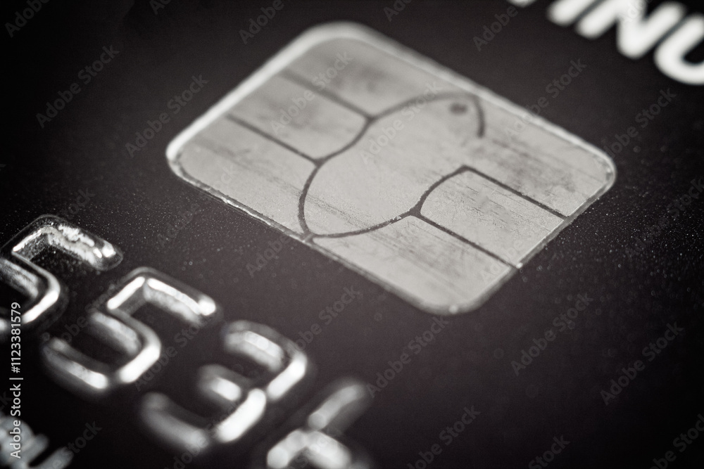 Close-up of a bank card chip demonstrating contactless payment