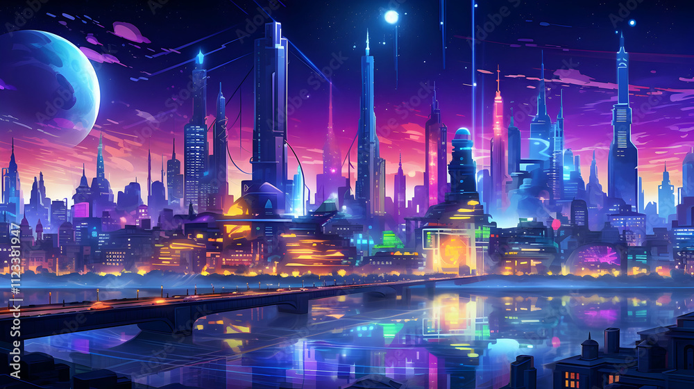 Obraz premium Vibrant futuristic cityscape at sunset, reflecting in a calm river. Neon lights illuminate towering skyscrapers and bridges under a large moon.