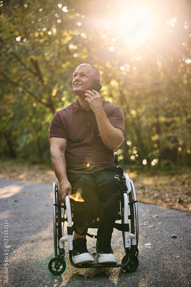 Fototapeta premium Man in Wheelchair Enjoying Nature While Using Phone Outdoors
