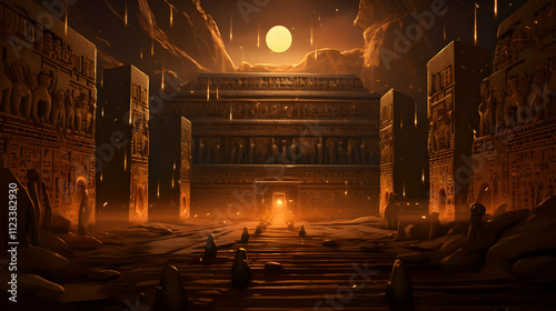 A mystical golden temple glows under a full moon, casting an ethereal light on the ancient architecture and surrounding desert.  Figures are silhouetted against the temple entrance. photo