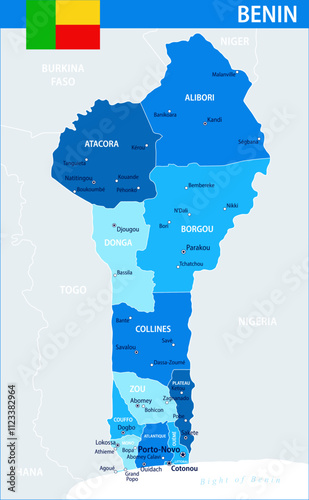Benin Map Vector Blue Spot - Customizable layered political map of Benin with administrative divisions for website, education, reports, news, politics, print, poster and wallpaper