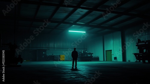 Solitary Figure in a Teal-Lit Warehouse