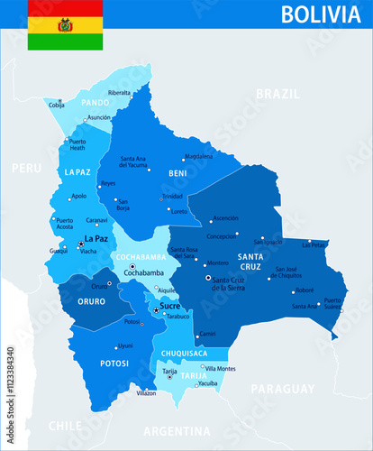 Bolivia Map Vector Blue Spot - Customizable layered political map of Bolivia with administrative divisions for website, education, reports, news, politics, print, poster and wallpaper