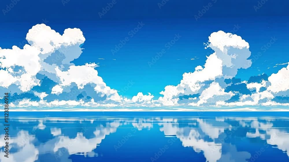 A stunning anime-style sky with fluffy white clouds perfectly reflected on calm blue water. Concept of serenity and the boundless beauty of nature in anime art.