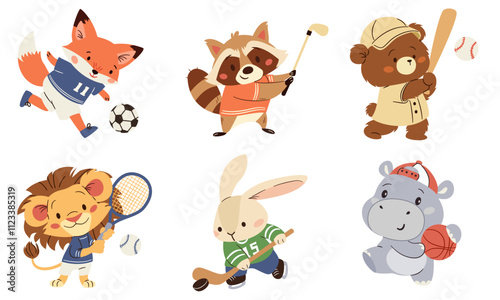 A set of flat vector illustrations in a simple children's style. Cute animals playing sports, fox in soccer, raccoon in golf, hippo in basketball, hare in hockey, lion in tennis, bear in American