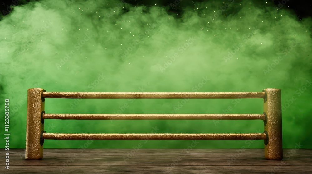 Fototapeta premium A green fence with gold posts is in front of a green background