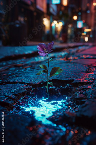 a vibrant flower growing out of a cracked asphalt pavement in a city setting at night. The flower is illuminated by a glowing blue light photo