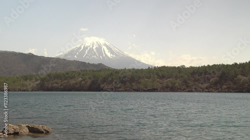 湖と森を手前に聳える雪を被った富士山、固定撮影