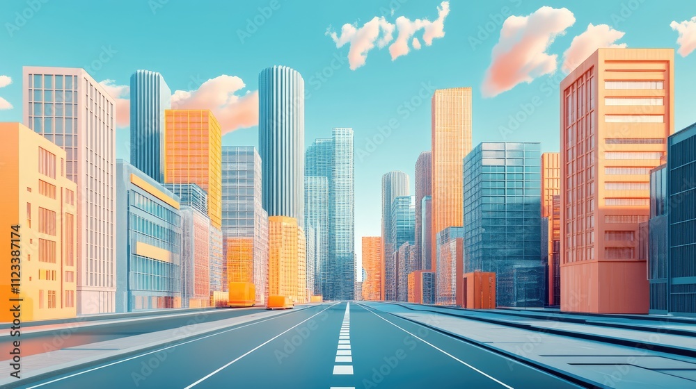 Fototapeta premium technology-driven cityscape flat design front view urban innovation 3D render Split-complementary color scheme