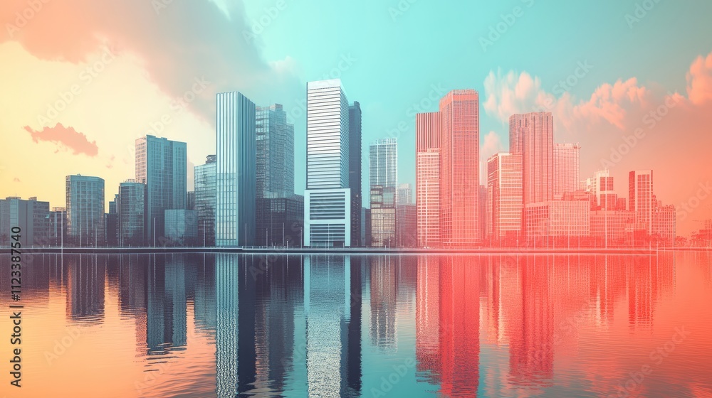 Obraz premium technology-driven cityscape flat design front view urban innovation 3D render Split-complementary color scheme