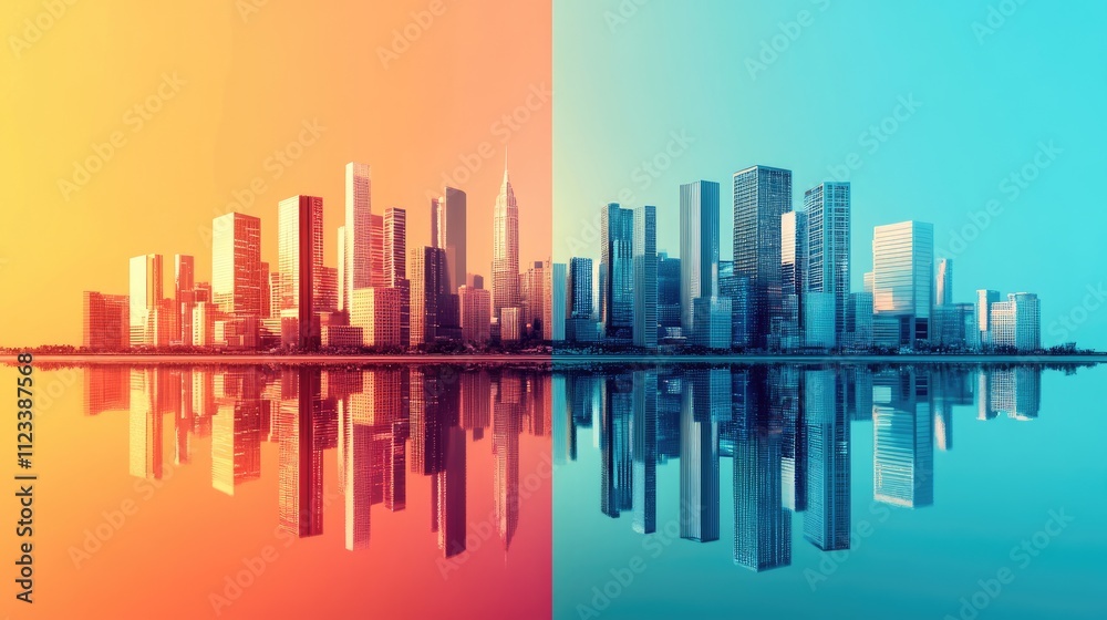 Fototapeta premium technology-driven cityscape flat design front view urban innovation 3D render Split-complementary color scheme