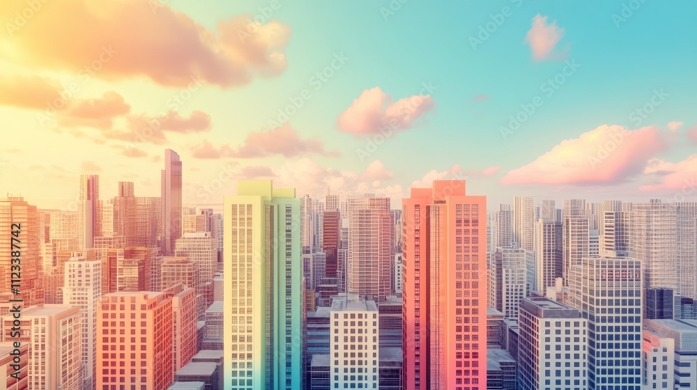 Obraz premium technology-driven cityscape flat design front view urban innovation 3D render Split-complementary color scheme