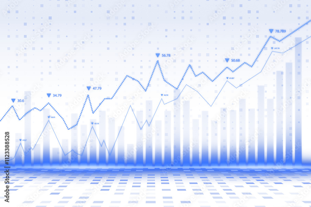 Fototapeta premium Financial chart with blue dotted lines, light gradient background, bar graph, and data points, showing digital analysis and progress concept. 3D Rendering.