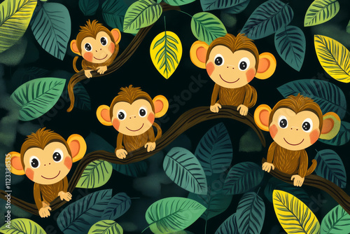 Illustration of adorable cartoon monkeys sitting on branches surrounded by lush jungle foliage and vibrant greenery photo