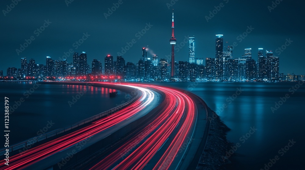 Fototapeta premium Night cityscape with light trails on highway.