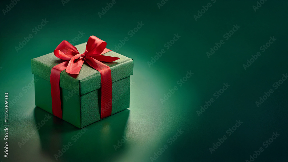 Festive green velvet box with red satin bow, dark bokeh background, elegant look Festive green velvet box with red satin bow, dark bokeh background, elegant look