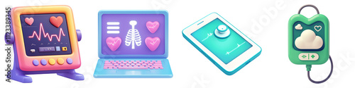 health warning and awareness on a transparent background. concept. Colorful digital health devices including a monitor, laptop, tablet, and tracker.