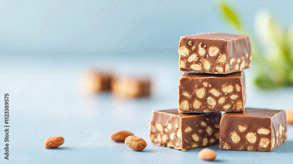 Fototapeta premium Mouthwatering Chocolate Nougat Confection on Clean Studio Backdrop