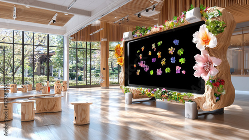 modern classroom featuring smartboard adorned with vibrant flowers, surrounded by wooden seating and large windows letting in natural light, creating inspiring learning environment