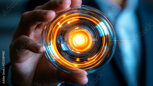 close up of hand holding glowing orb with intricate patterns, symbolizing technology and innovation. warm orange light creates futuristic atmosphere