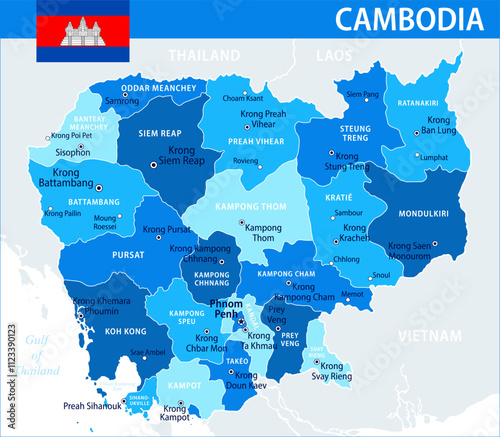 Cambodia Map Vector Blue Spot - Customizable layered political map of Cambodia with administrative divisions for website, education, reports, news, politics, print, poster and wallpaper