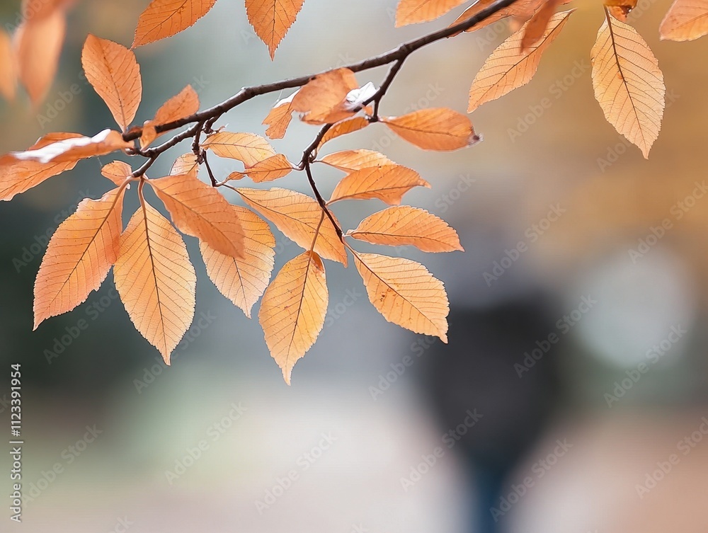 A branch with vibrant orange leaves is in focus, while a blurred figure stands in the background, capturing the essence of autumn. A branch with vibrant orange leaves is in focus, while a blurred figure stands in the background, capturing the essence of autumn.