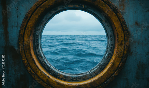 A view of the ocean from the porthole, a view of the sea through the open porthole on the ship.  photo