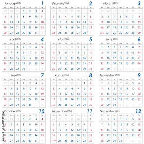Calendar_snake_2025. Create a simple vector illustration of a 2025 calendar. The design should feature a clean and minimalist style with all 12 months displayed in a grid format. 