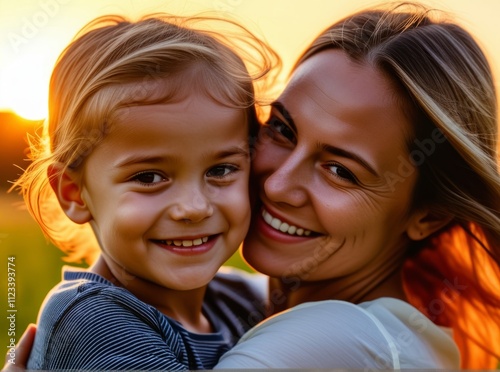 Happy mother and son share a joyful moment outdoors during golden hour at sunset photo