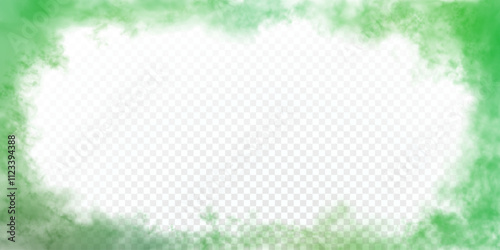 Green realistic clouds around the horizontal 2 to 1 size rectangular frame with empty space for text or inscription. Vector grass color smoke isolated on transparent background