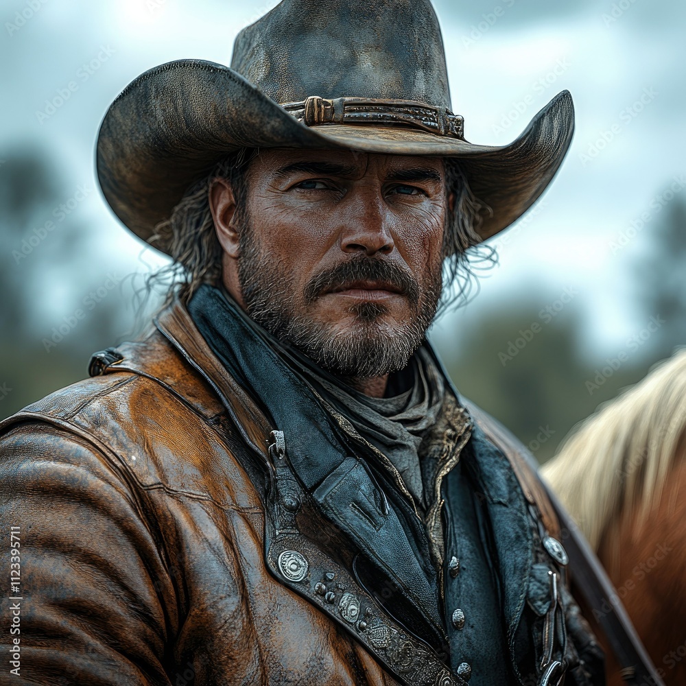 Rugged Cowboy Portrait: Close-up of a weathered man in a worn leather jacket and wide-brimmed hat, outdoors. Rugged Cowboy Portrait: Close-up of a weathered man in a worn leather jacket and wide-brimmed hat, outdoors.