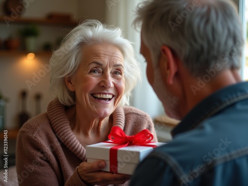 An elderly woman with a beaming smile joyfully holds out a gift while looking at a man in a casual setting, filled with warmth and happiness. photo