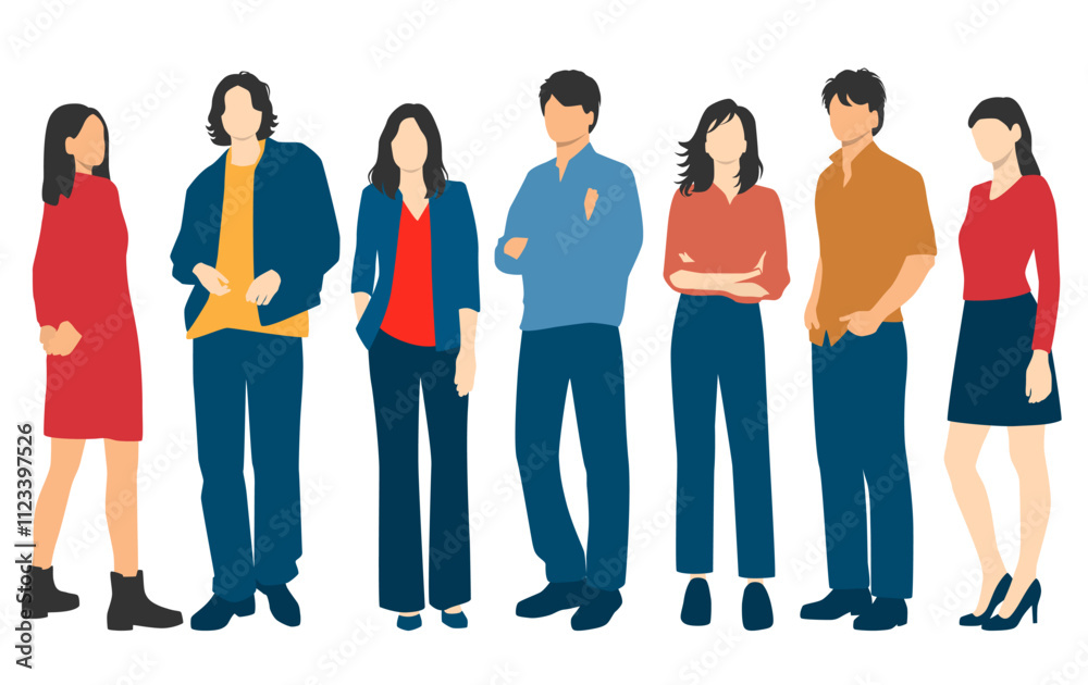Obraz premium Set of young men and women , different colors, cartoon character, group of silhouettes of standing business people, students, design concept of flat icon, isolated on white background