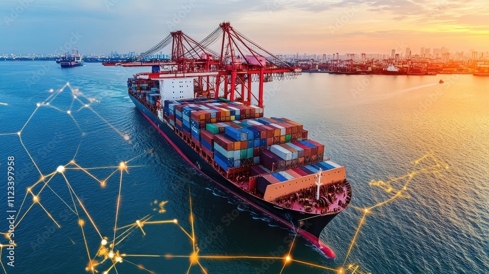 Obraz premium Container ship at sea with digital network links, digital trade network connection concept, global shipping industry 