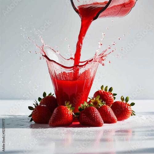 Close up red fresh strawberry with splashing red fruit juice on isolated white background. photo