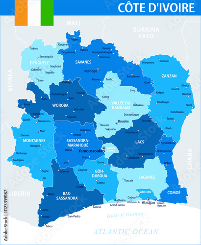 Cote D'Ivoire Ivory Coast Map Vector Blue Spot - Customizable layered political map of Cote D'Ivoire with administrative divisions for website, education, reports, news, politics, print