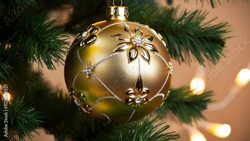 Festive, close-up photograph of a Christmas ornament hanging on a tree. The ornament is a large, glossy gold bauble with intricate gold detailing, including floral patterns and decorative elements. 