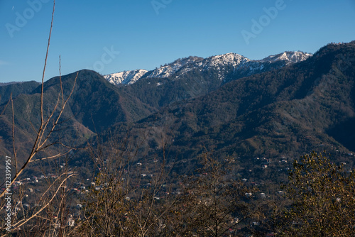 Winter mountains, view on snow caps. 