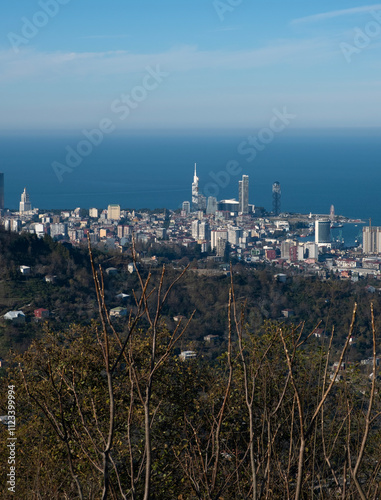 View from a mountain on a modern developed city and sea. Batumi, Georgia
