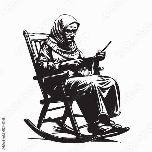 Elderly Woman Sits Rocking Chair Knits image Vector isolated on white background.