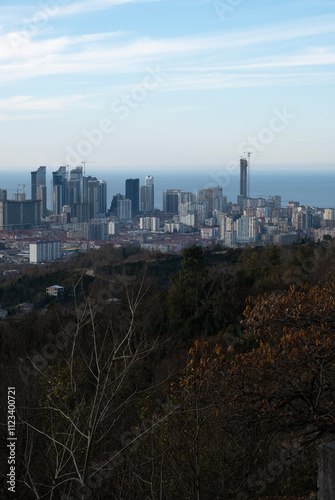 View from a mountain on a modern developed city and sea. Batumi, Georgia
