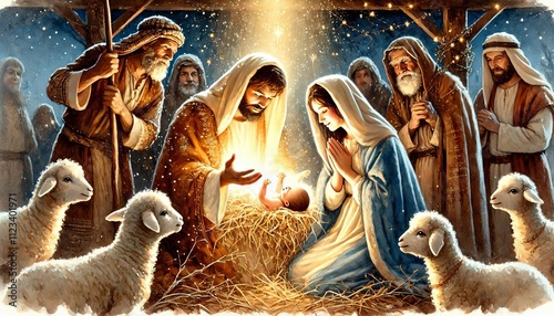 Birth of Jesus Christ - Nativity of Jesus - Catholic, Jewish Christian, New Testament - Joseph, Virgin Mary birth of Baby Christ Child of God in Stables of Bethlehem with Shepherds - Winter Solstice