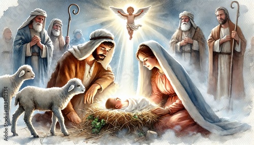 Birth of Jesus Christ - Nativity of Jesus - Catholic, Jewish Christian, New Testament - Joseph, Virgin Mary birth of Baby Christ Child of God in Stables of Bethlehem with Shepherds - Winter Solstice
